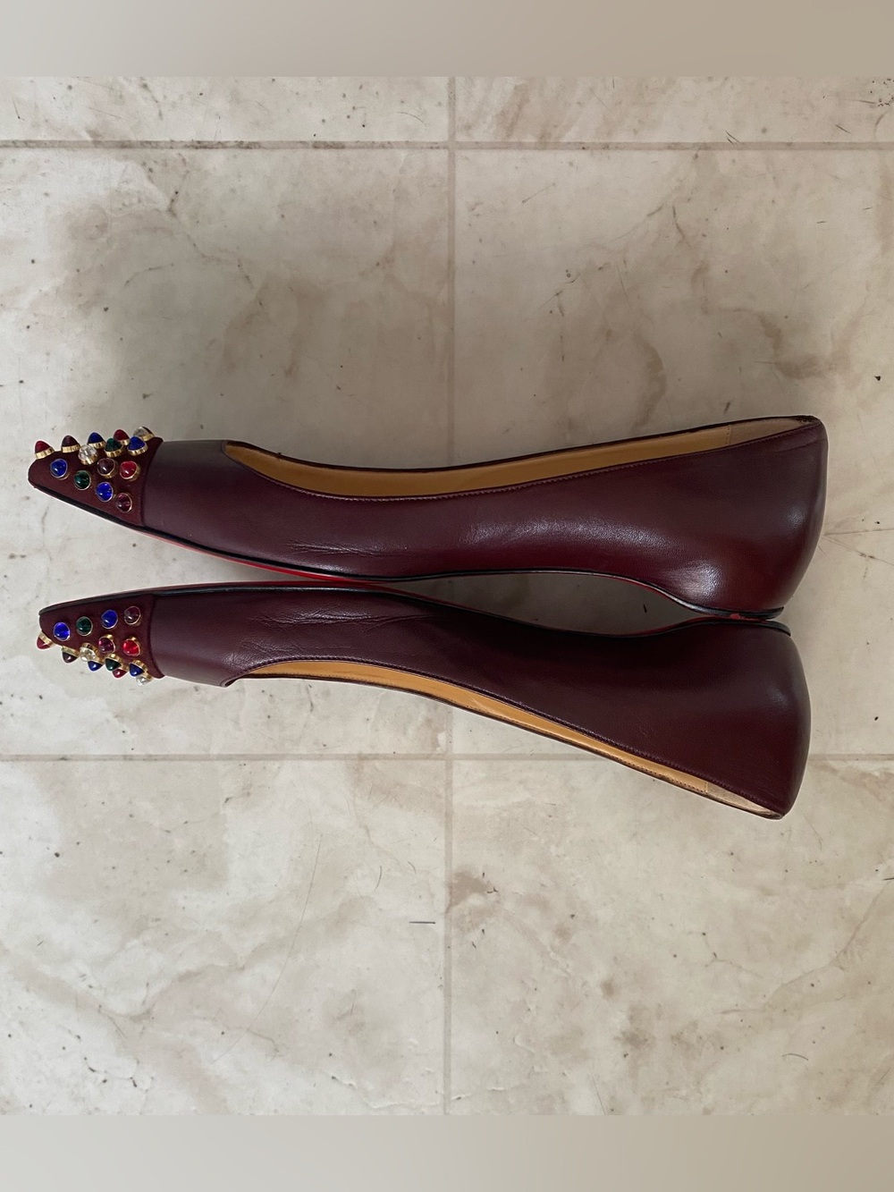 Christian Louboutin Cabo Burgundy Leather Studded Pointed Toe Ballet Flats 6.5 - Picture 4 of 10
